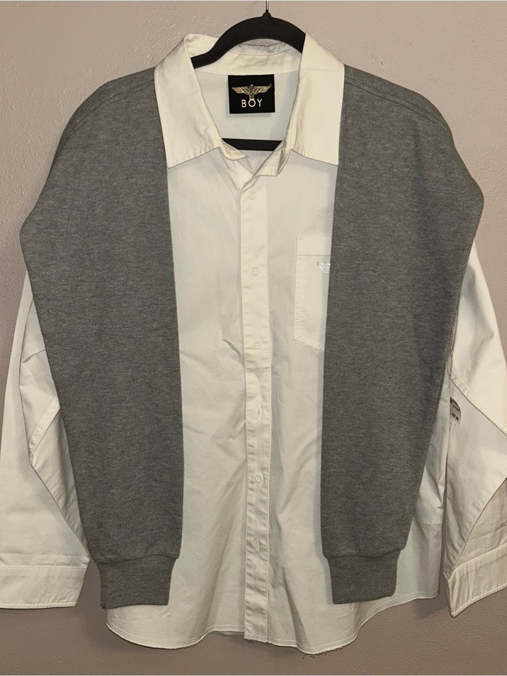 BOY London Men's White Button-Down Shirt with Gray Knit Sleeve Overlay